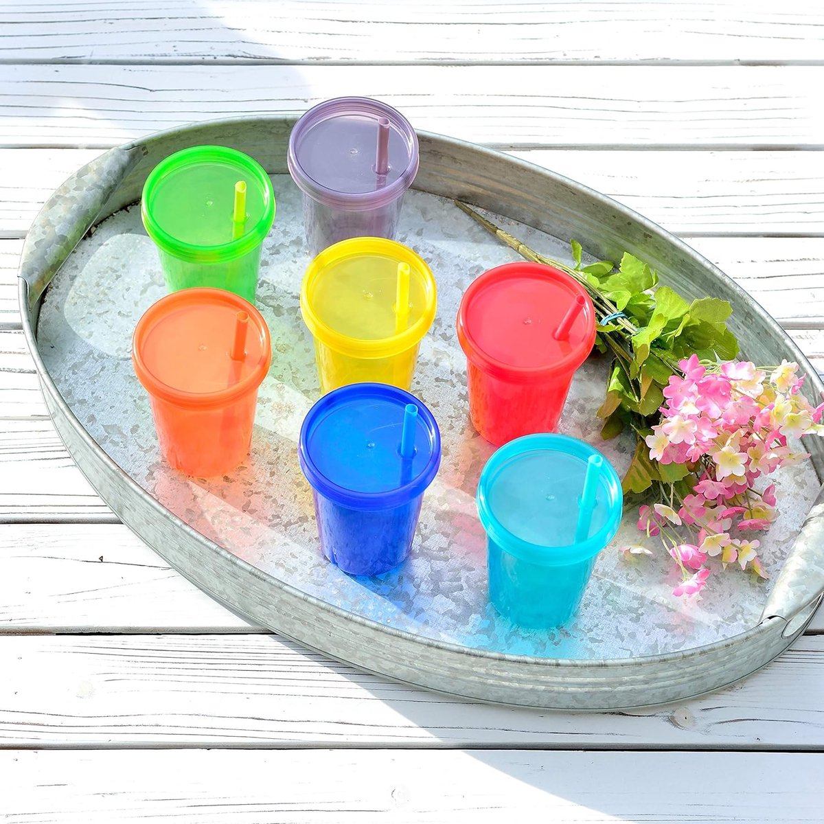 Youngever 7 Packs Drinking Cups with Straws for Kids, 7 Reusable Plastic Drinking Cups with Straw for Kids in 7 - ShopVlot