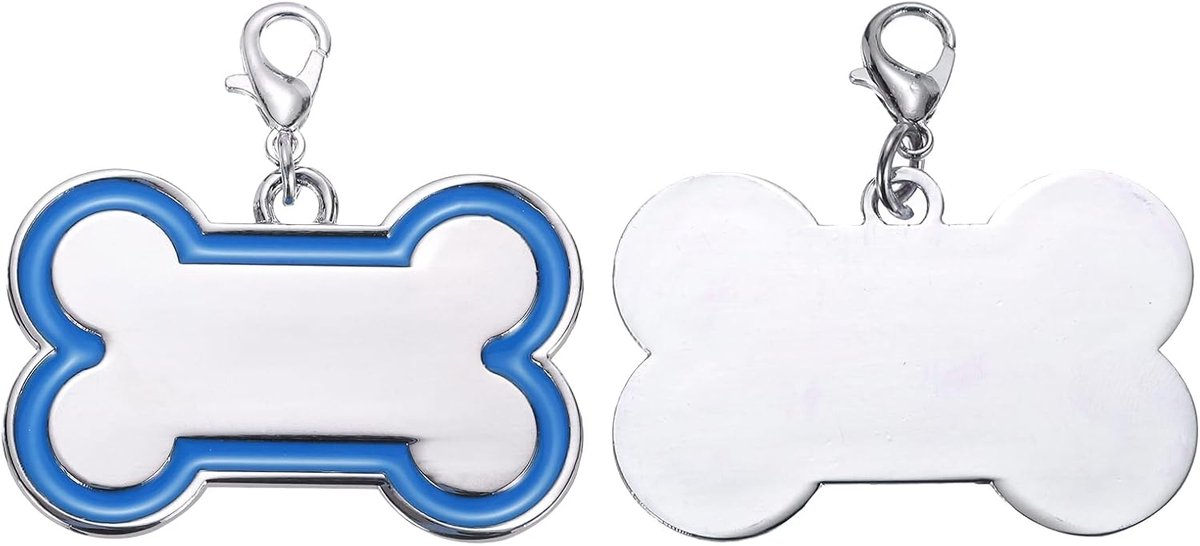 Huisdier ID-tags in botvorm, 45 x 30 mm, metaal, personaliseerbaar, gegraveerd, aan beide zijden, lege bordjes voor het stempelen van namen, nummers, hondentags (blauw)