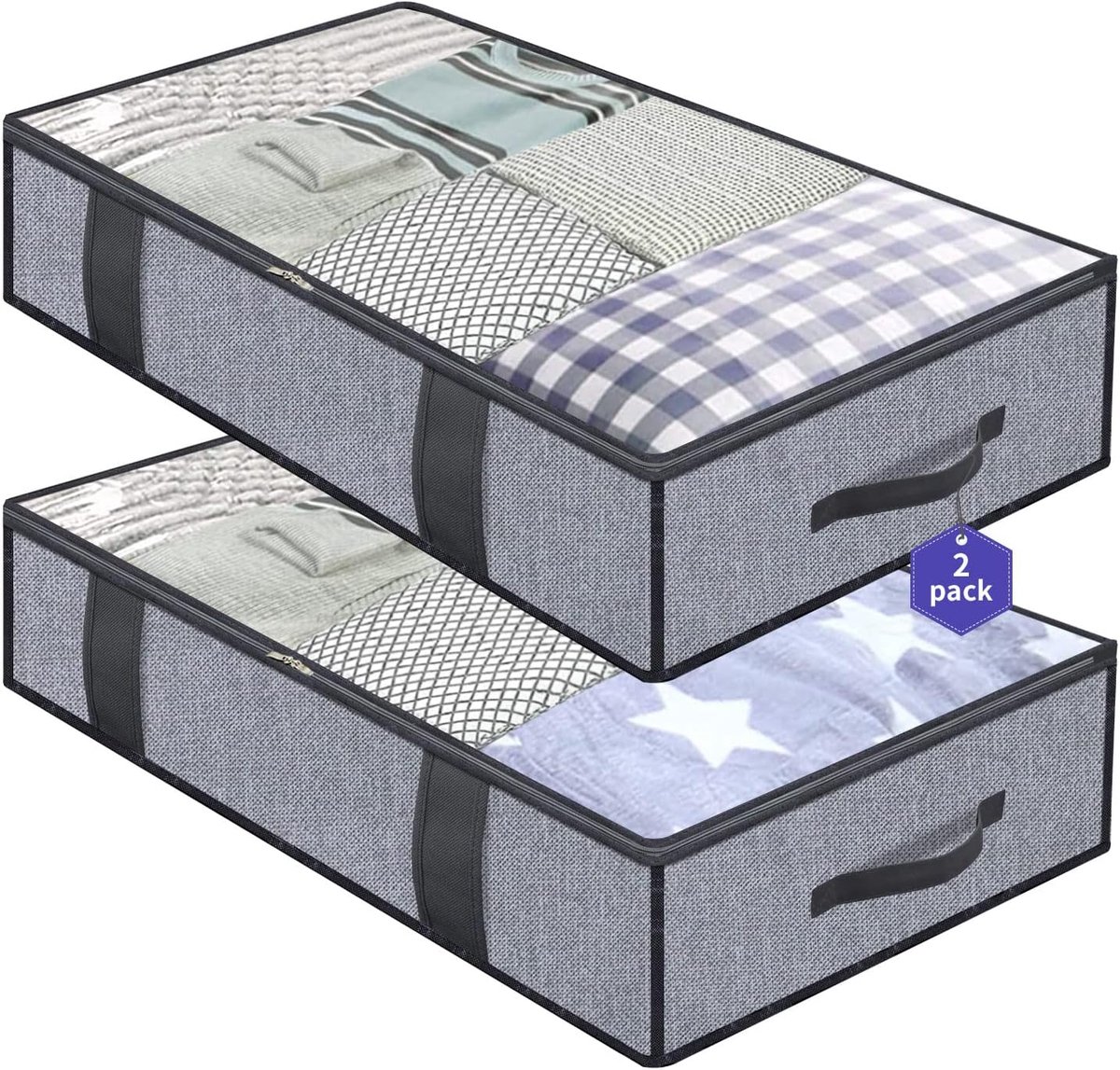 homyfort DEXDUBBP2, set van 2 extra grote kledingdekenzakken met doorzichtig venster, opvouwbare stoffen onderbed opbergtas met 4 versterkte handgrepen, 100 x 50 x 15 cm, linnenachtig grijs