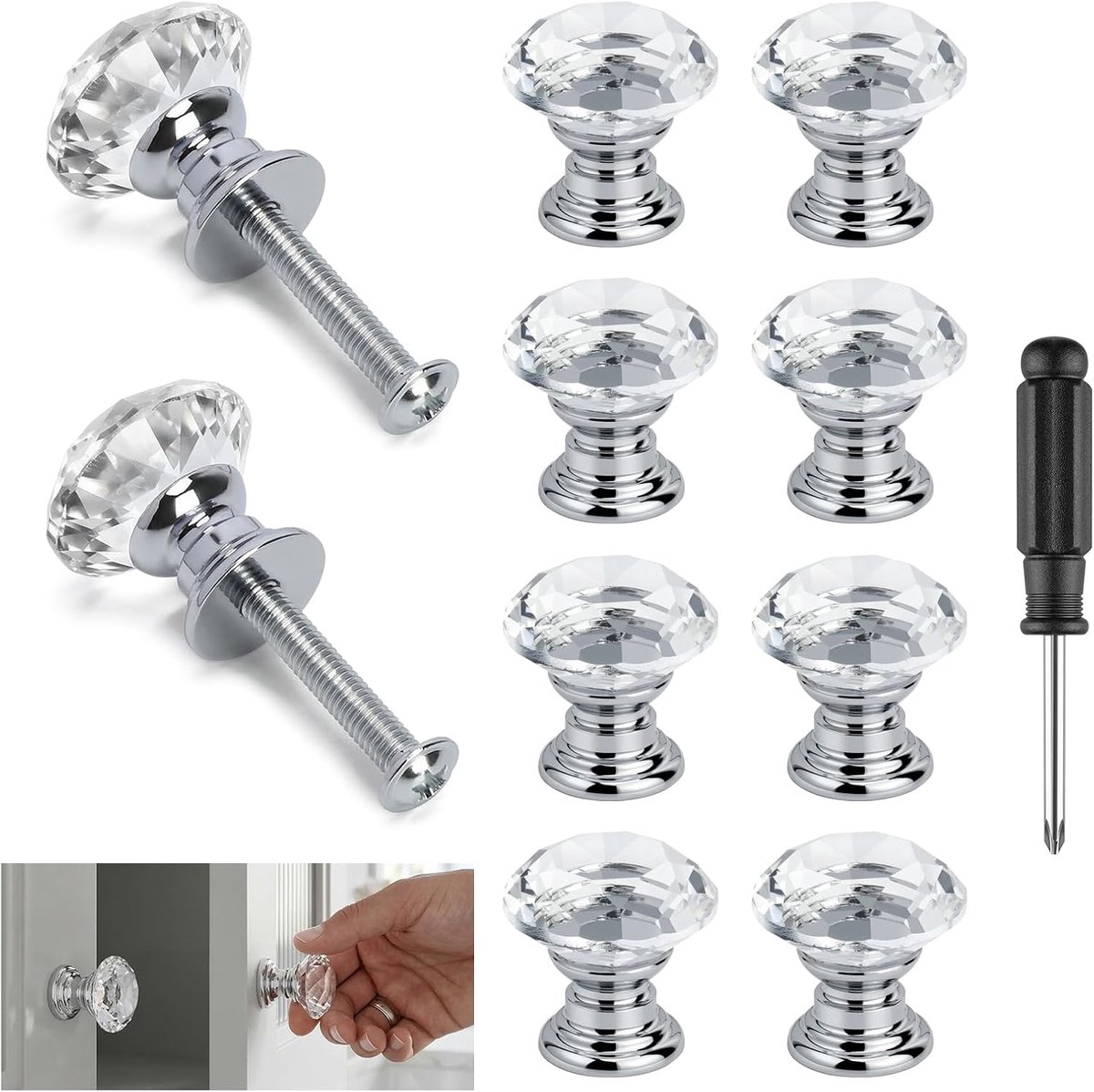 Pakket van 10 kristallen ladeknoppen, kastdeurknop, kastknoppen 20 mm, glitterknoppen voor dressoir, doosknoppen, mini-ladeknoppen met schroeven