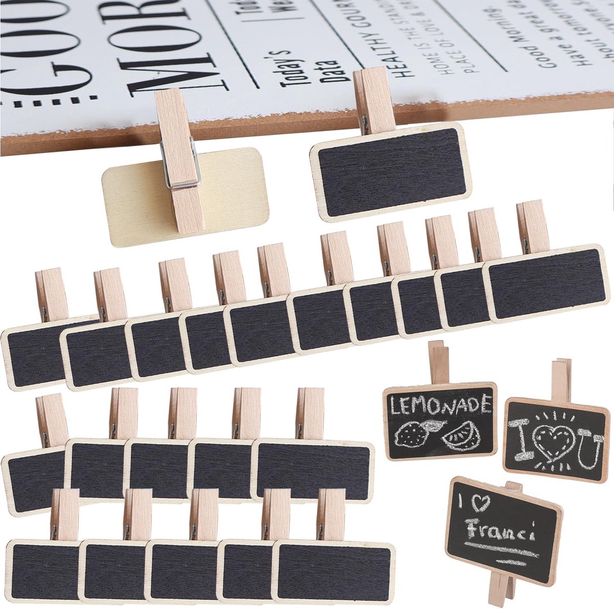 50 Mini Zwarte Bord Clips - Houten Rechthoekige Krijtbord Memo Clips voor Keuken Notities & Fotoweergave