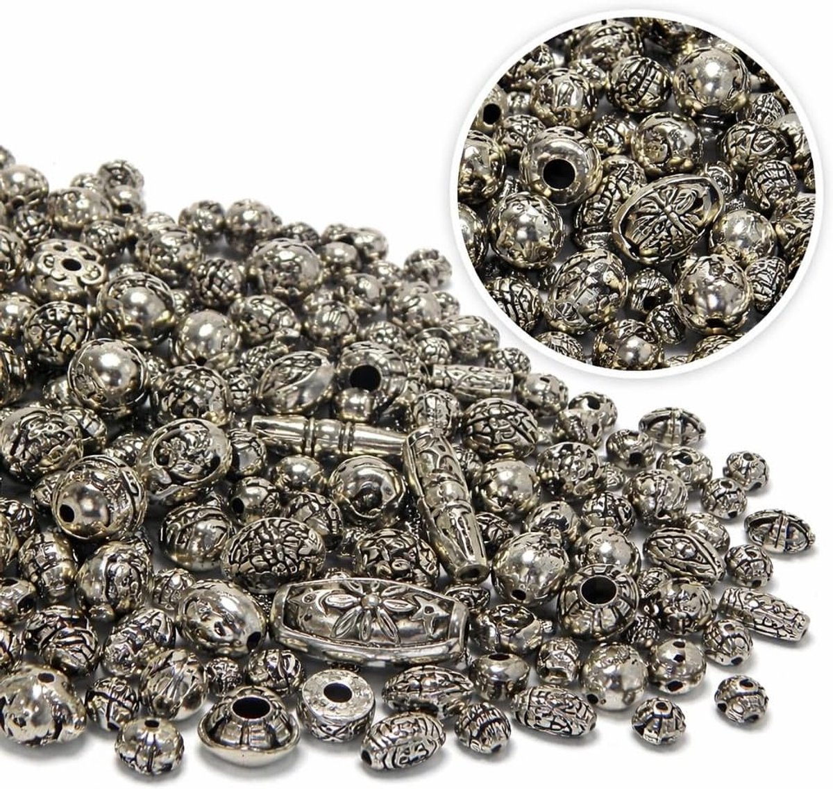 Kralen, mix 250 g, kunststof kralen, metaallook, sieradenkralen, groot gat, mix ronde ovale ronde kralen, voor armbanden, kettingen, doe-het-zelf sieraden, knutselen