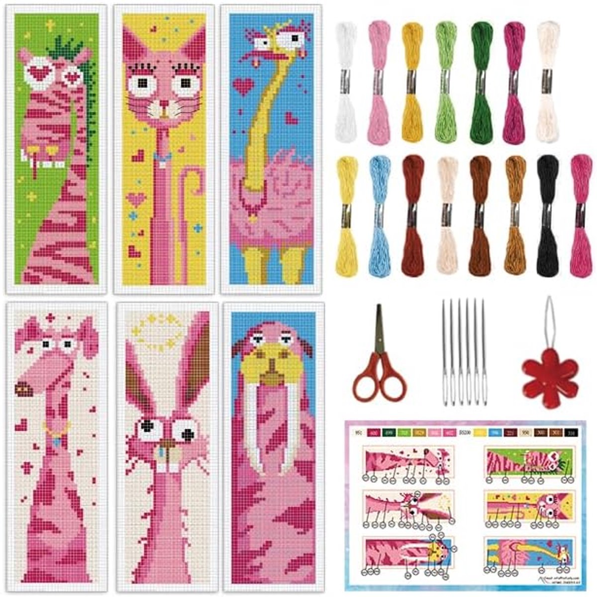 6 stuks Abstract Animal DIY kruissteek bladwijzers set voor beginners, roze thema kruissteek set met instructies haas kat gestempeld borduurwerk bladwijzerset voor boekenliefhebbers lezers