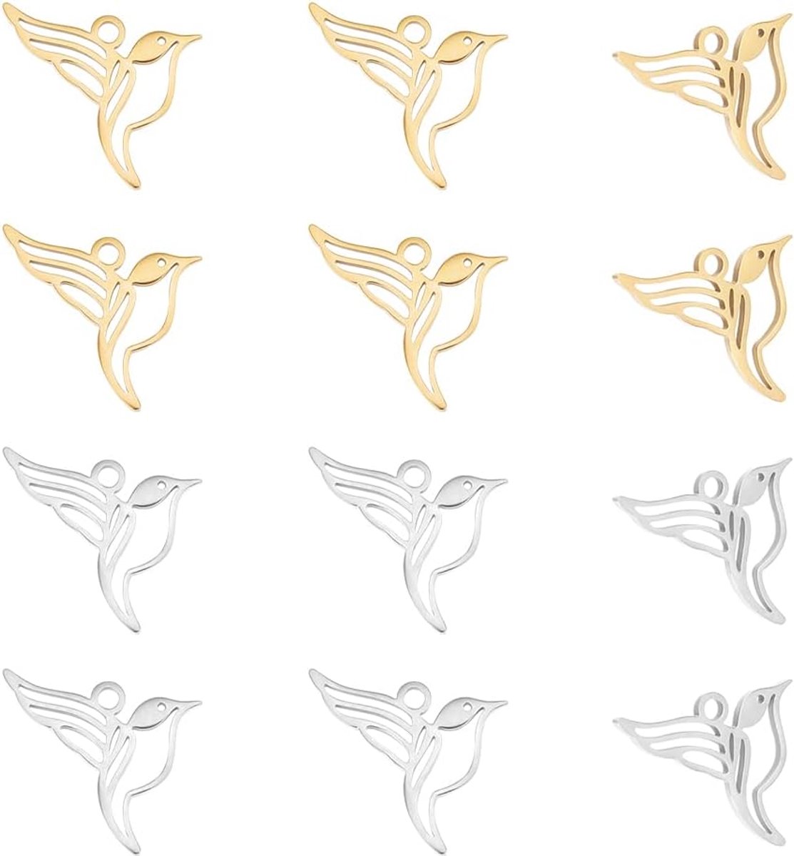304 Roestvrij Stalen Kolibrie Bedels - 12 Stuks in 2 Kleuren Vogel Hangers Metalen Mini Dier Charms voor Ketting Armband Oorbel Sieraden Maken