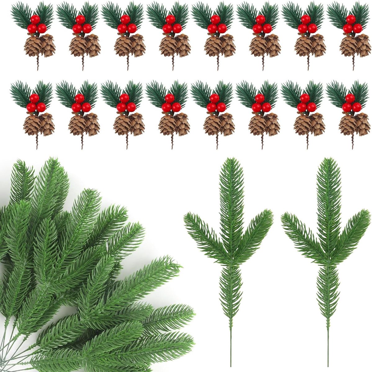 32 stuks kunstdennentakken met dennenappels, rode bessen, takken voor kerstdecoratie, kunststof, kunstmatige naalden van groene grenen, voor decoratie van tafel, bloemstukken, doe-het-zelf