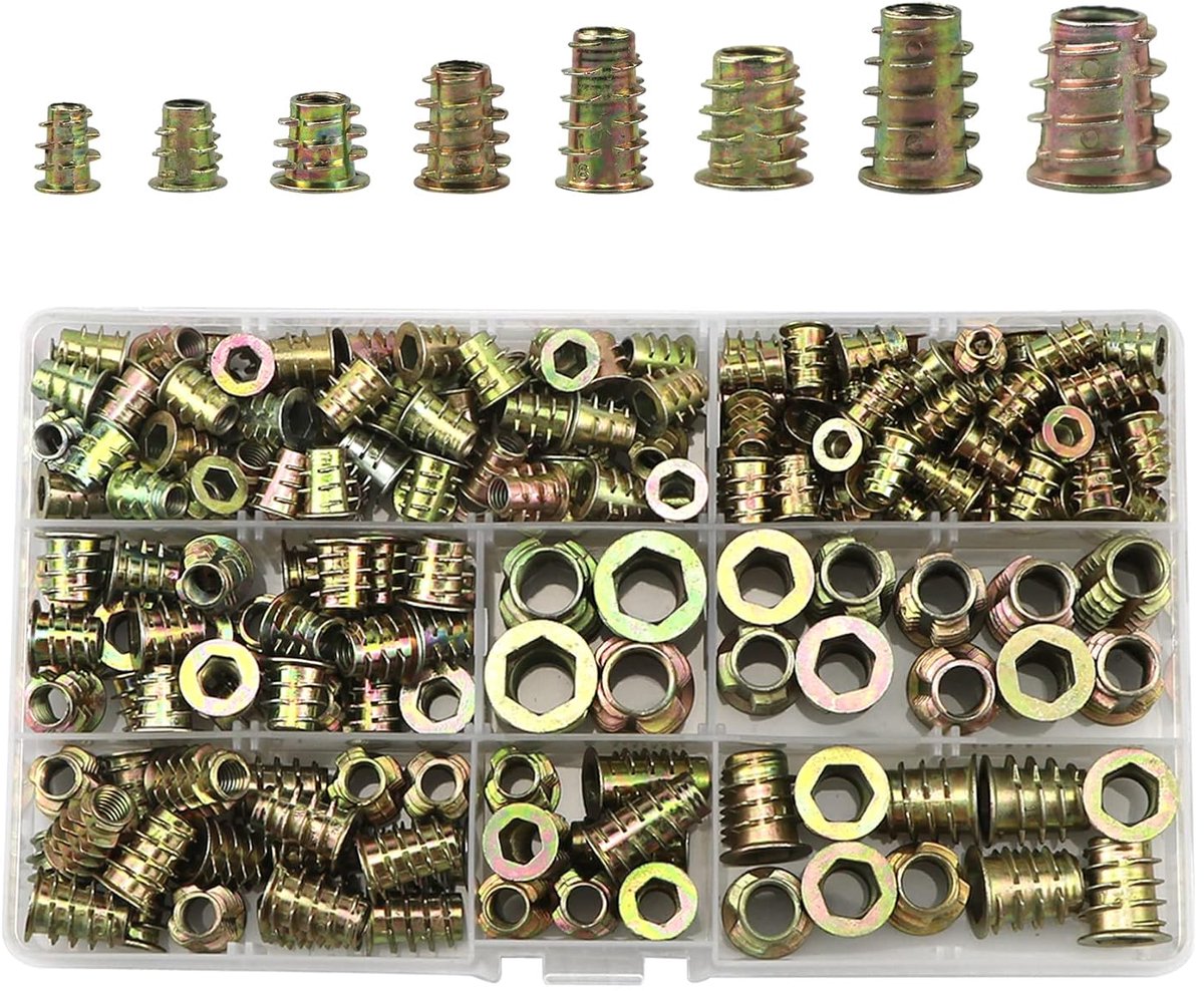 Houten inzetstuk zinklegering moeren, D moerinzetstuk 22 stuks, buitendraad, binnen zeskantschroeven in, voor houten meubels assortiment (M4/M5/M6/M8/M10)