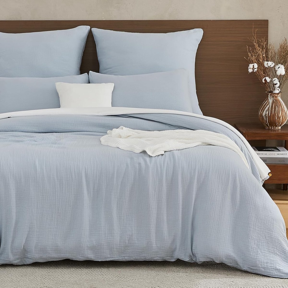 Muslin bedlinnen 100 % katoen, 200 x 200 dubbel zomerbedset met ritssluiting, set van 1 kussensloop met 2 oorkussens van 80 x 80 cm, mousseline dekbedovertrek, Öko-Tex lichtblauw