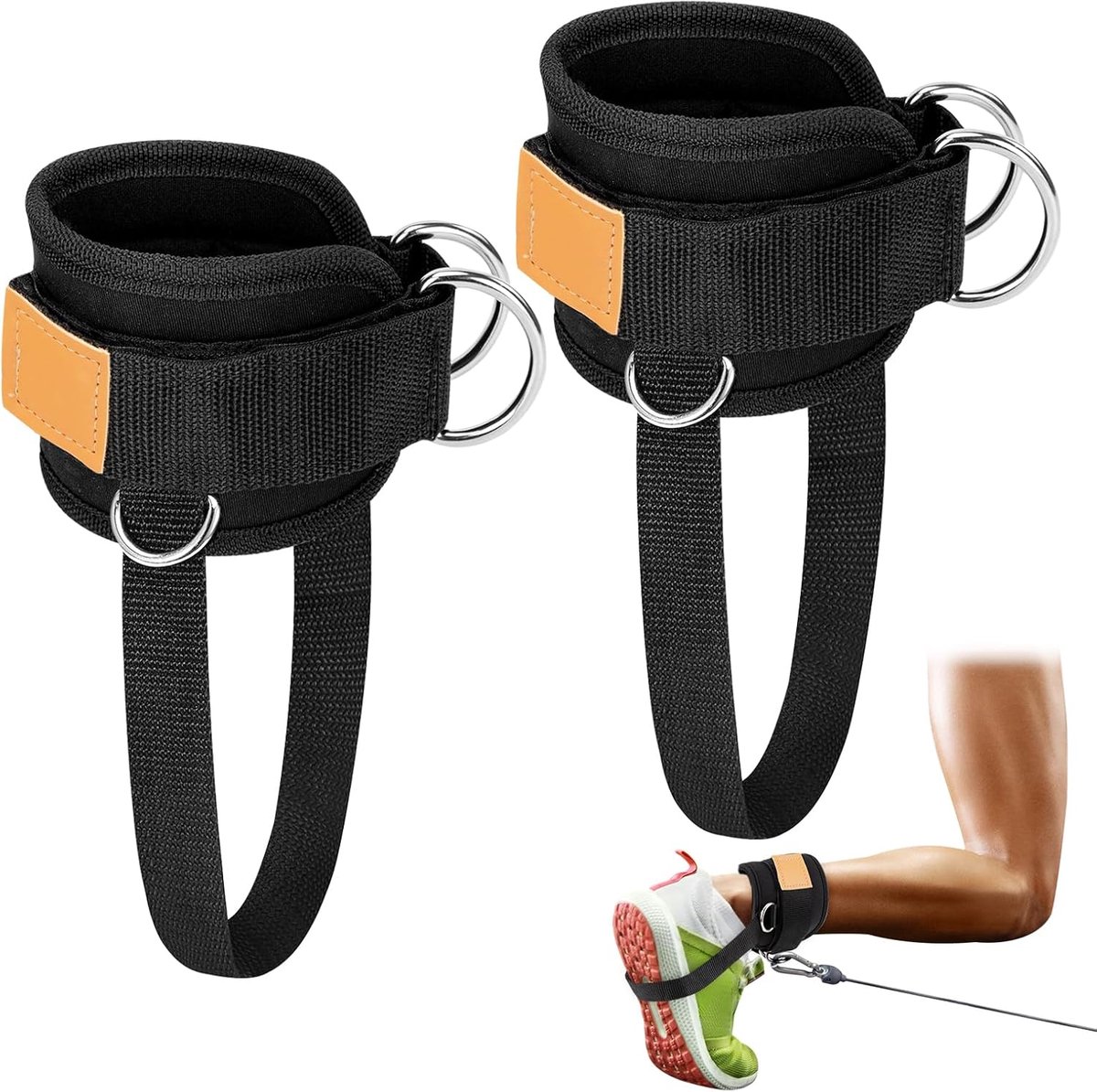 kabeltrekkoord, 2 stuks, voetmanchetten en karabijnhaken, voetlussen voor mannen en vrouwen, enkelbandjes voor fitness, training, beenstrekker, beentraining, zwart