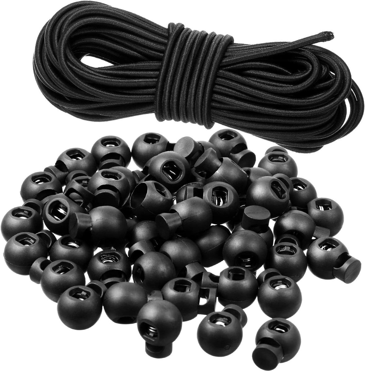 50 stuks koordstoppers veer van kunststof sluiting met drukknopen één gat kap voor elastisch koord rond zwart met elastische nylon kabel 30 voet