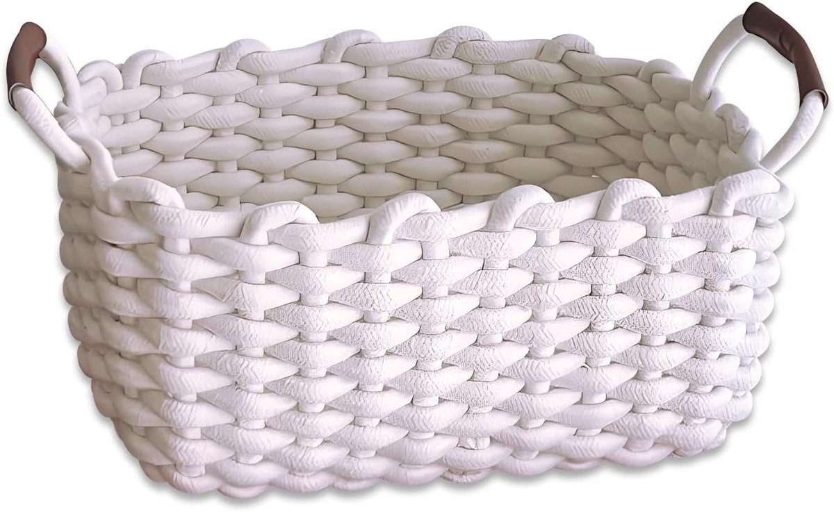 gevlochten mand, 36 x 25 x 16 cm, mand met lederen handgrepen, witte manden, gevlochten voor cosmetica, make-uptafel, badkamer
