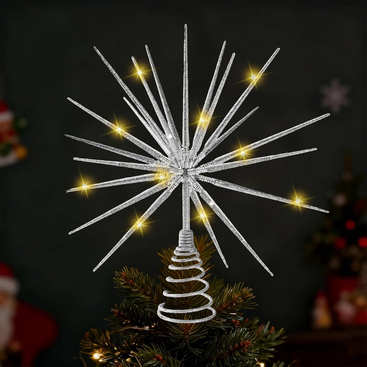 Kerstboompiek met 20 leds, ster, kerstversiering voor binnen, kerstboomversiering (zilver)