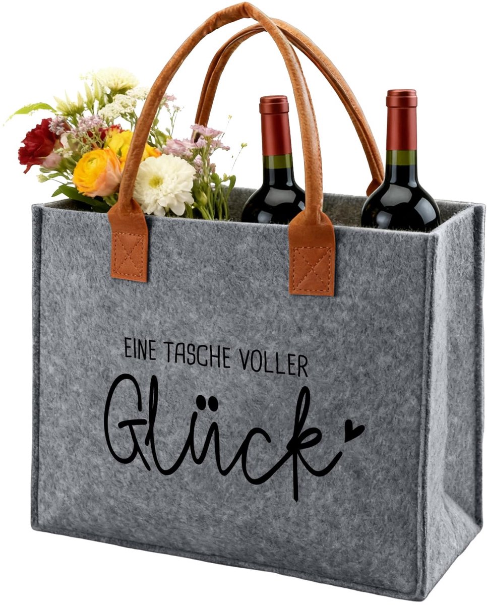 SnelShoppen - Vilttas voor Dames met Spreuk, Shoppertas Vol Geluk, Vilten Tas voor Verjaardag, Vakantie, Feest, Verhuizing, Vrouwen, Groot, Handig, Ca