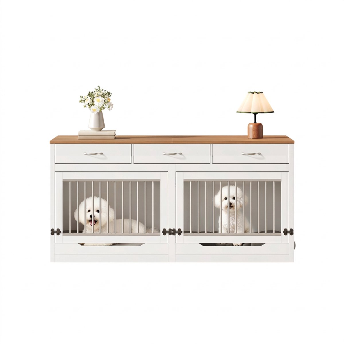 Hondenbench Hout - Hondenbench Meubel - Grote Hondenbench - Scheidingswand - Klapdeur - 3 Lades - Binnen - 164x60x81cm - 2 Honden - Wit