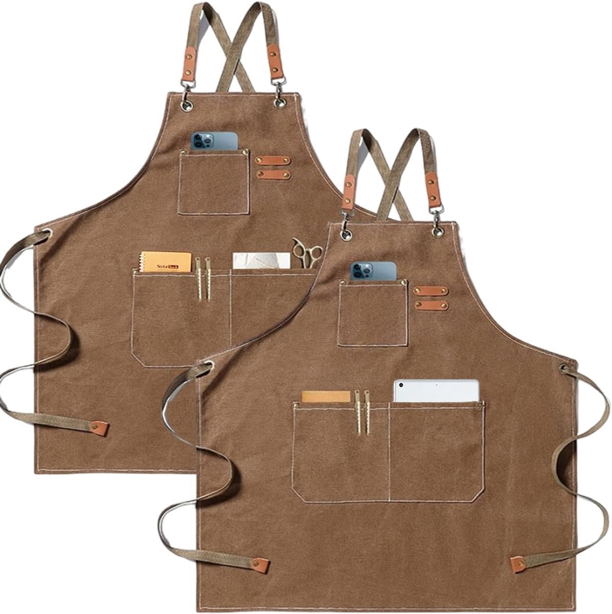 Keukenschort, 2 stuks, werkschort met 3 zakken, verstelbare riem, barbecueschort, waterdicht, professioneel, voor heren, dames, kapper, keuken, tuinman
