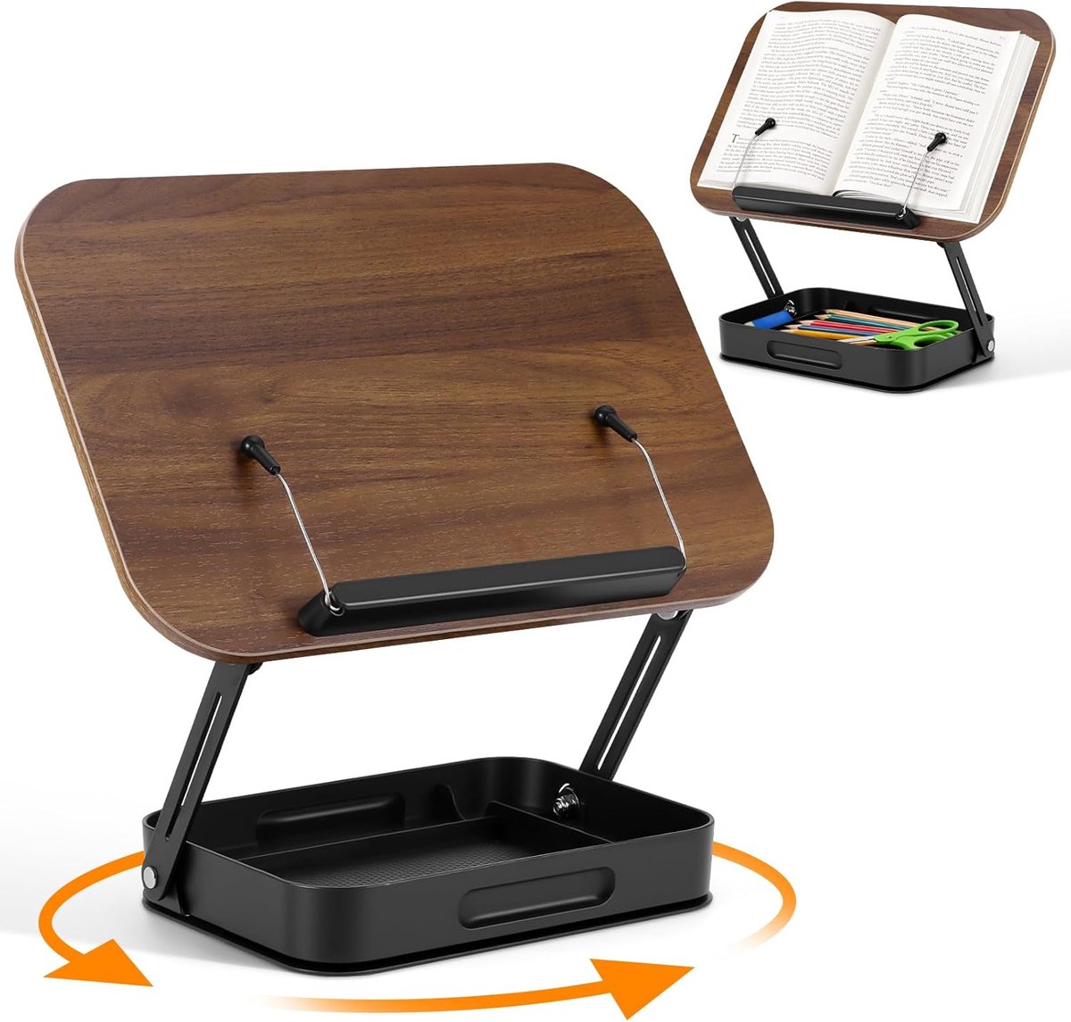 leesstandaard, 360° draaibare boekenstandaard, hout om te lezen, in hoogte verstelbare kookboekhouder met opbergruimte, zijclip, draagbaar, opvouwbaar, voor recept, tijdschrift, tablet