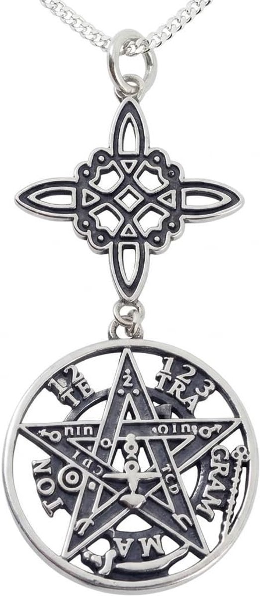 faith Halsketting met heksenknoop met tetragram, Italiaans 925 sterling zilver, lange ketting 45 cm, drievoudige bescherming van heilige Benedictus