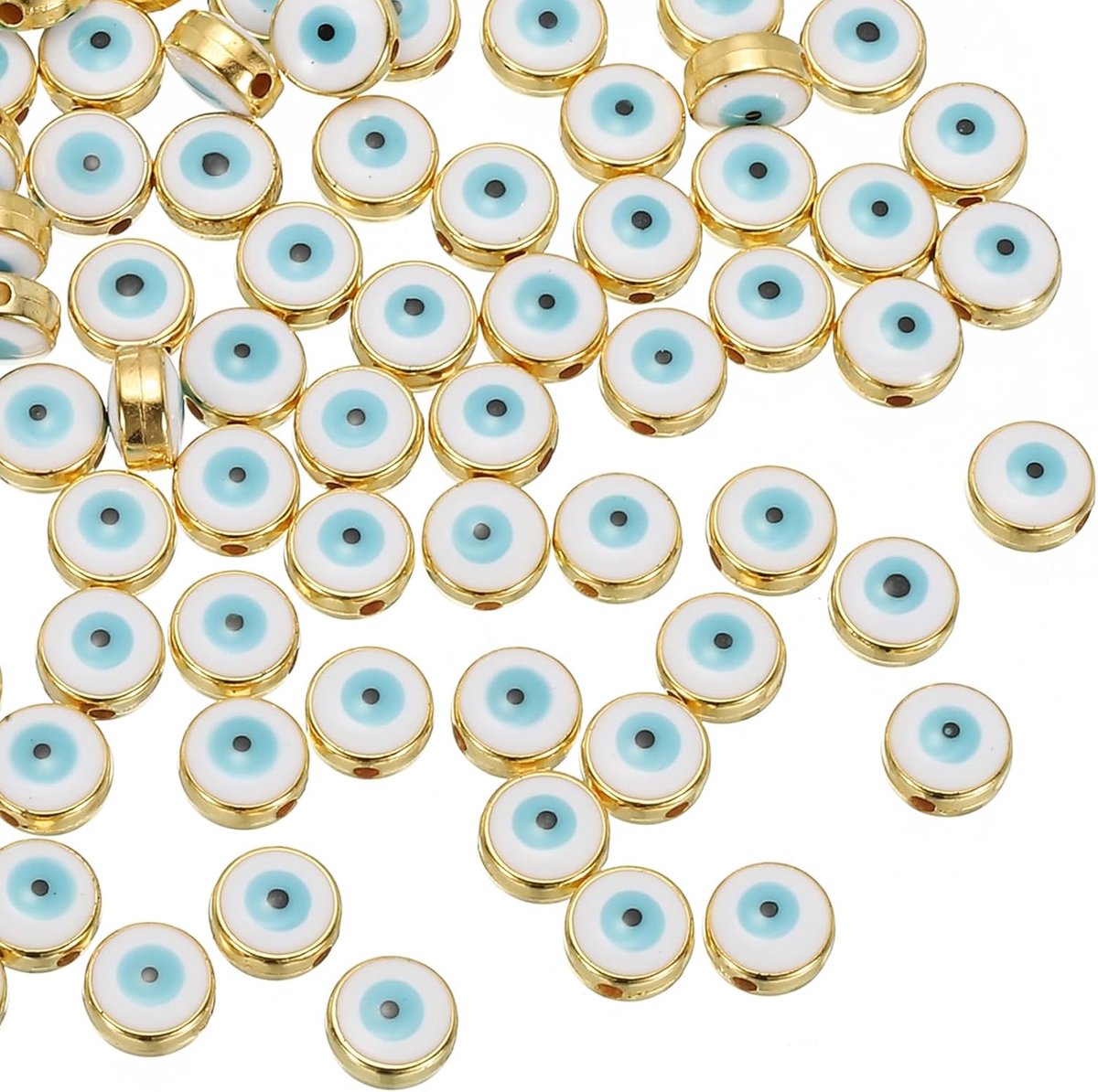 Kralen, 60 stuks platte ronde Turkse boze oog charme met gouden rand spacer kralen oogbal kraal voor armband doe-het-zelf ketting oorbellen maken, wit
