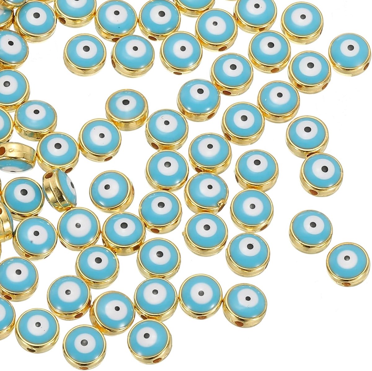 Kralen, 60 stuks platte ronde Turkse boze oog charme met gouden rand spacer kralen oogbal kraal voor armband doe-het-zelf ketting oorbellen maken, meer blauw