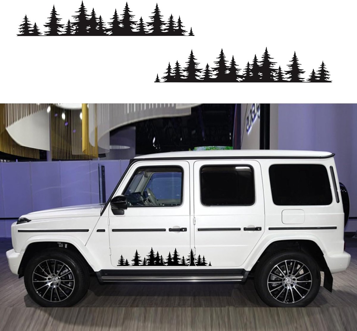 2 stuks auto zijcarrosseriestickers berg boom bos patroon sticker doe-het-zelf vinyl sticker voor auto vrachtwagen SUV RV camping aanhangwagen drager, 100 x 20 cm (zwart)