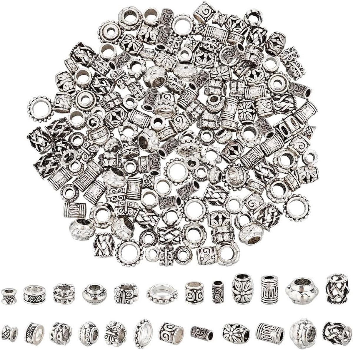 nbeads 180 stuks 12 stijlen legering haarkralen, Tibetaanse stijl Europese kralen groot gat baardkralen antieke zilveren vlinder kralen dreadlock voor het maken van sieraden, gat: 3,5 ~ 7 mm