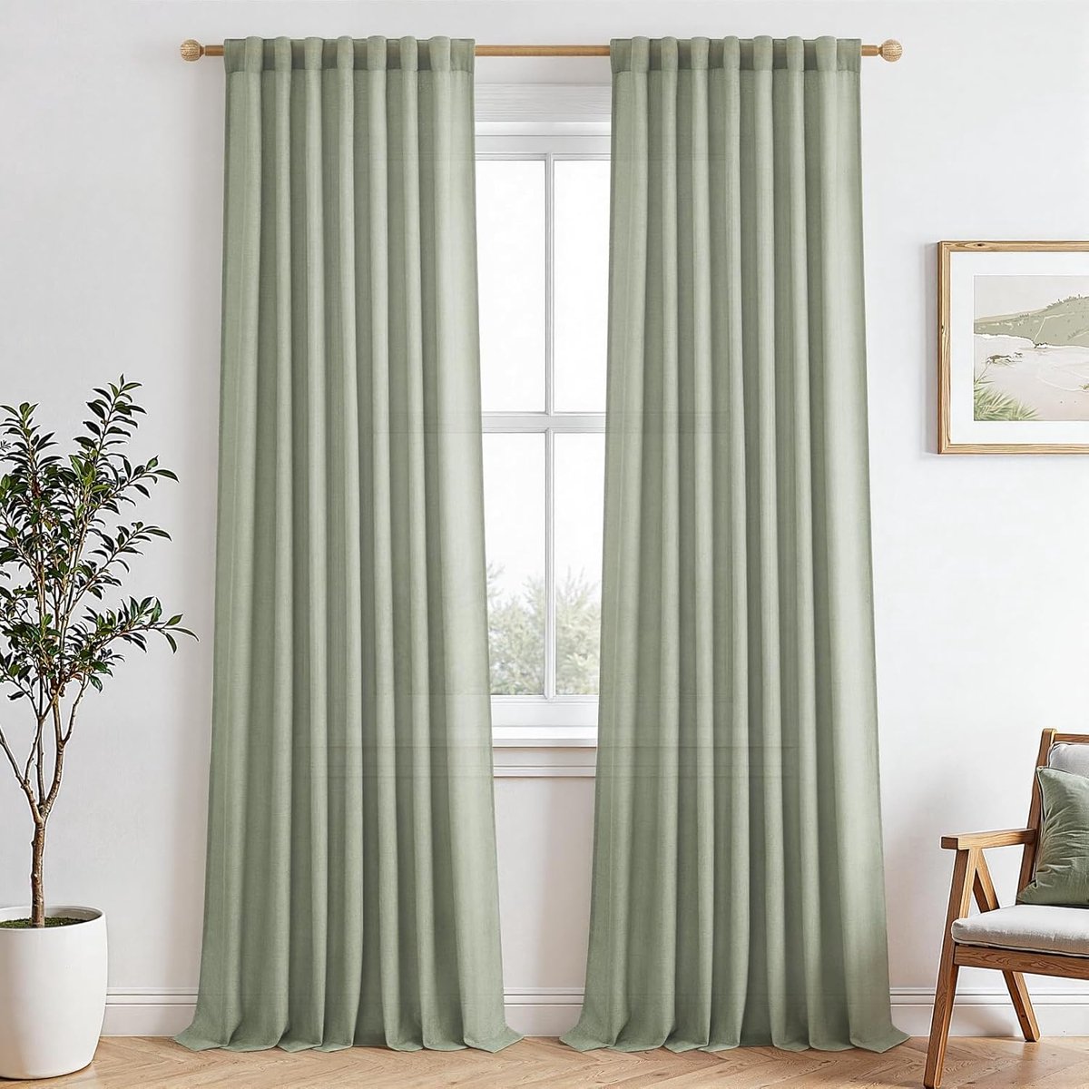 Gordijnen, saliegroen, linnenlook, half-transparant, met stangdoorgang, voor kinderkamer en meisjes, 245 x 140 cm (h x b), voor woonkamer, slaapkamer, set van 2, gordijnen woonkamer