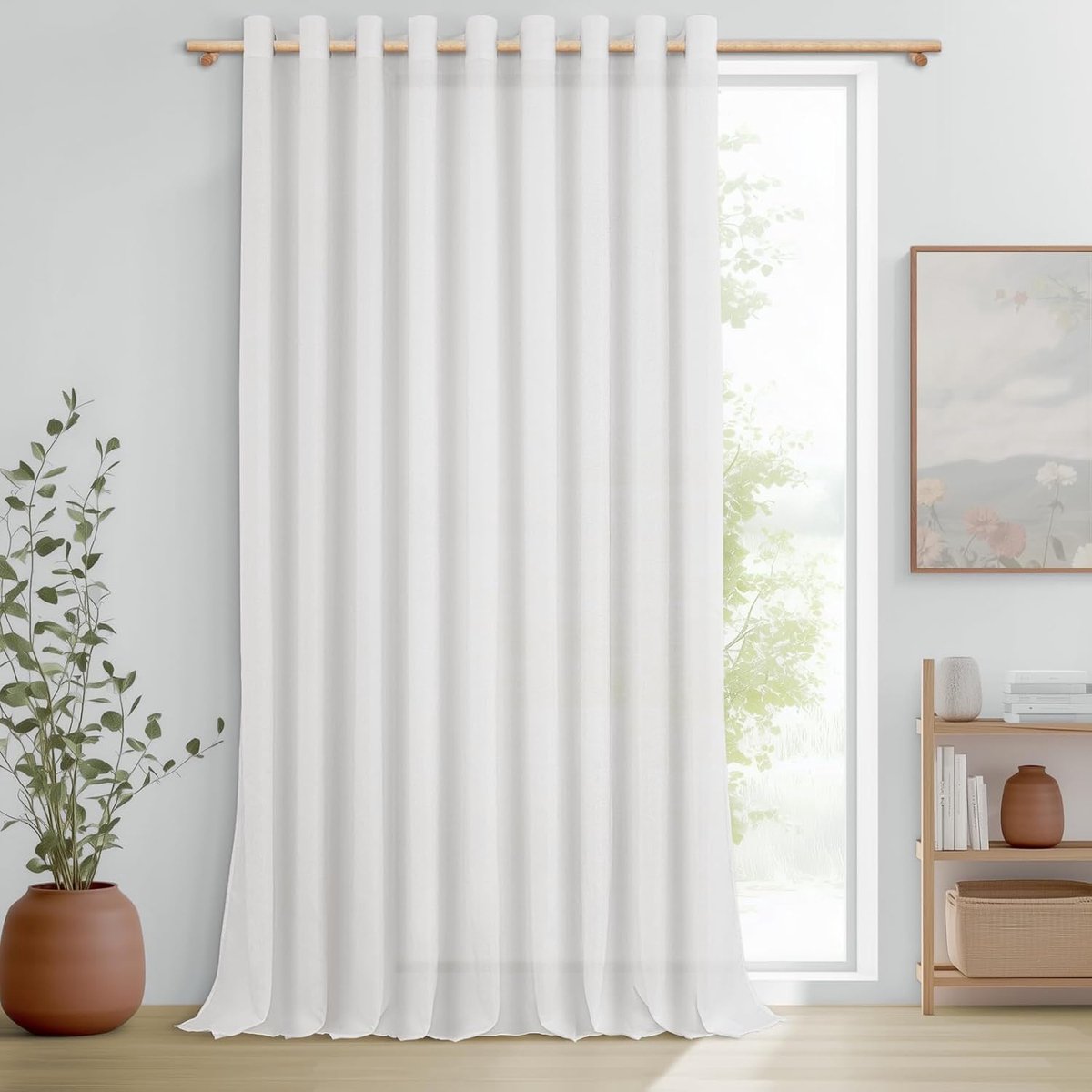 Extra brede gordijnen met oogjes, linnenlook, half-transparant, voor grote ramen, woonkamer, slaapkamer, modern, 1 stuk, gordijngordijn, linnen, wit, 240 cm lang, 300 cm breed