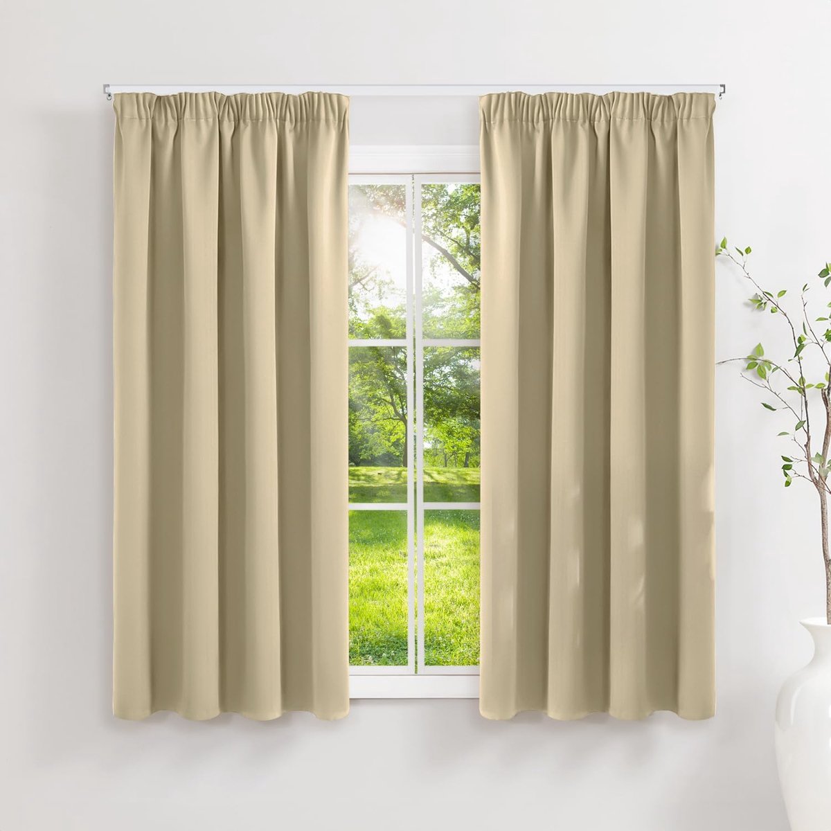 Gordijnen met plooiband, ondoorzichtig, beige, verduisteringsgordijnen, set van 2, 160 x 140 cm (H x B) voor railsysteem, thermische gordijnen, koudebescherming, schuifgordijnen voor woonkamer