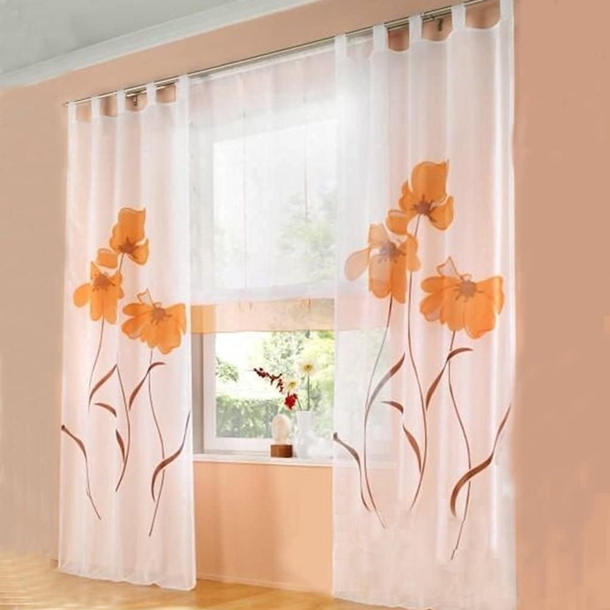 2 stuks gordijnen, gordijn met bloemenprint, gordijn voor woonkamer, slaapkamer, lusgordijn, breedte 150 cm (hoogte 145 cm, oranje)