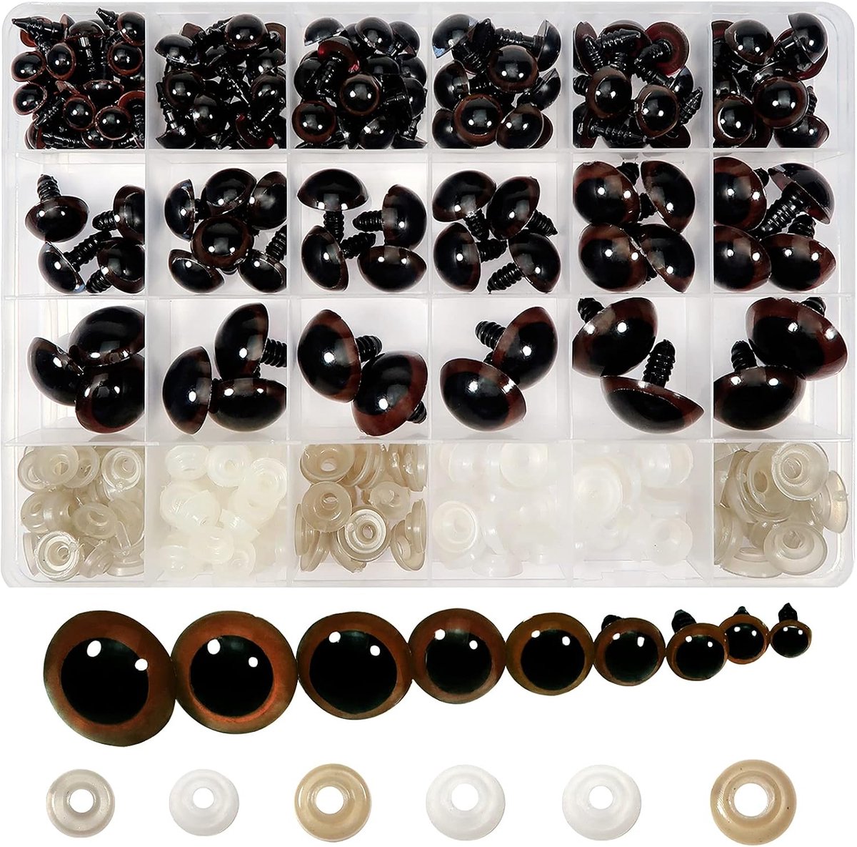 150 stuks, 8 tot 24 mm, bruin, dierenveiligheidsogen, van pluche, rond, met ringen, voor handwerk, sieraden, doe-het-zelf, poppen maken