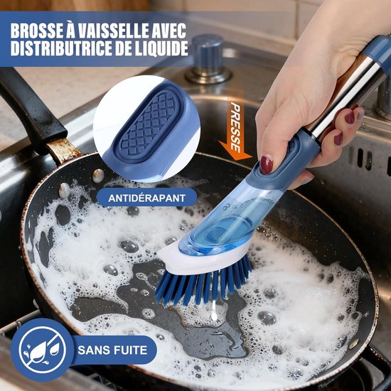 Afwasborstel met dispenser, 27 cm, afwasborstel met lange handgreep, met 4 reservekoppen, duurzaam en duurzaam, voor het reinigen van servies, potten en nog veel meer, blauw — afbeelding 2