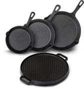 Blackwell Pannenset Gietijzer 4-Delig Koekenpan 16, 20 & 25 cm & Grillplaat ø 30 cm - geschikt voor alle warmtebronnen - zonder anti-aanbaklaag