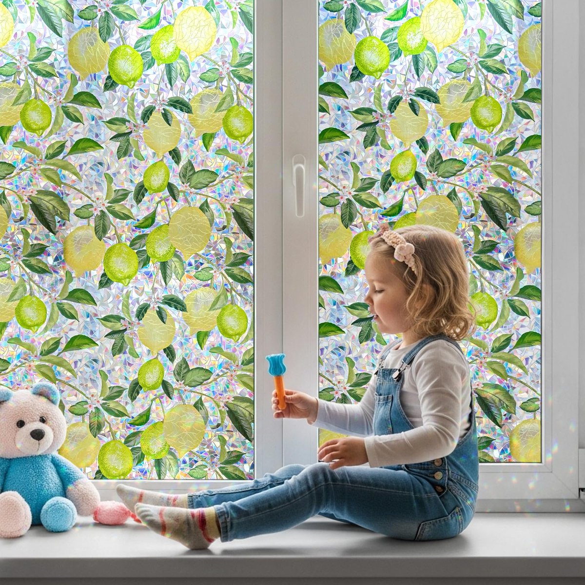 SnelShoppen - Raamfolie Ondoorzichtig Regenboog Citroenboom Patroon Privacyfolie 90 x 200 cm Anti-UV Statisch Hechtend Zelfklevend Gekleurd Glas voor