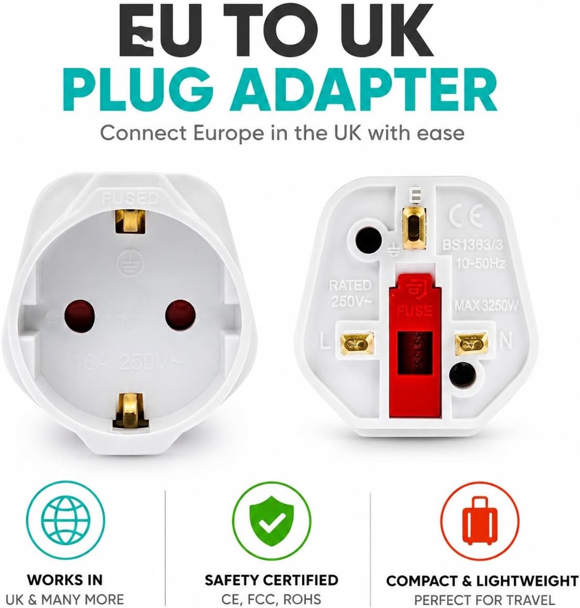 3x Europese naar UK Stekkeradapter - TALENTEC - Wit - Type C naar Type G - Reizen & Thuis