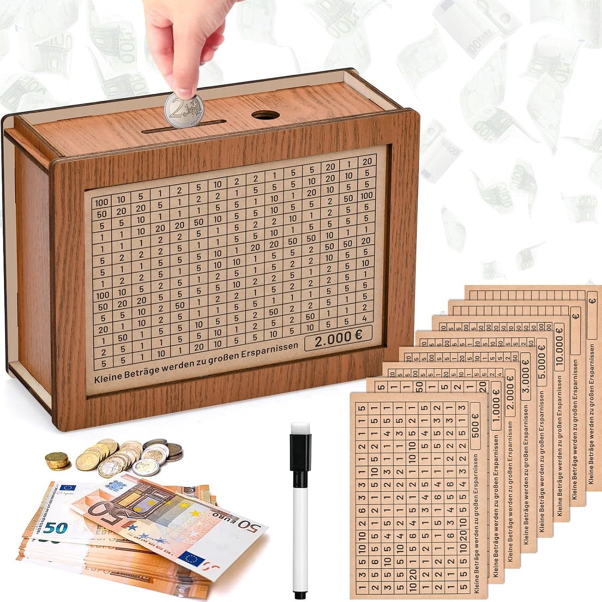 Spaarbox met cijferaankruisen, gelddoos, houten spaarpot 22 x 15 x 13 cm met spaardoel, retro spaarpot opbergdoos, herbruikbaar, € 500, € 1,000, € 3,000, € 5,000