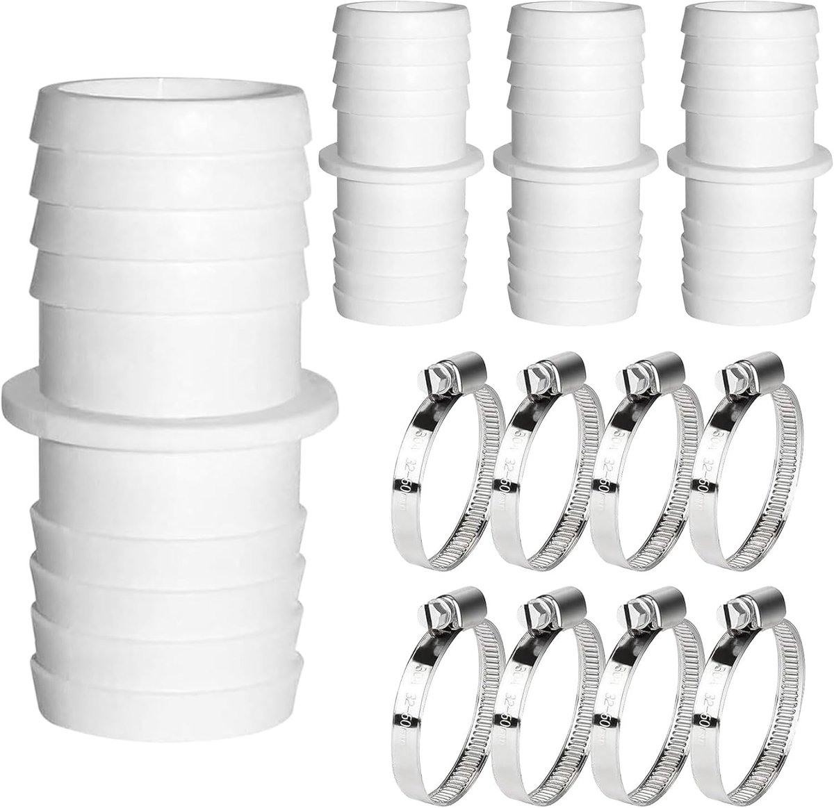 4 stuks zwembadadapter 38 naar 38 mm, slangverbinder 38 naar 38 mm met roestvrijstalen slangklemmen (38-38 mm)