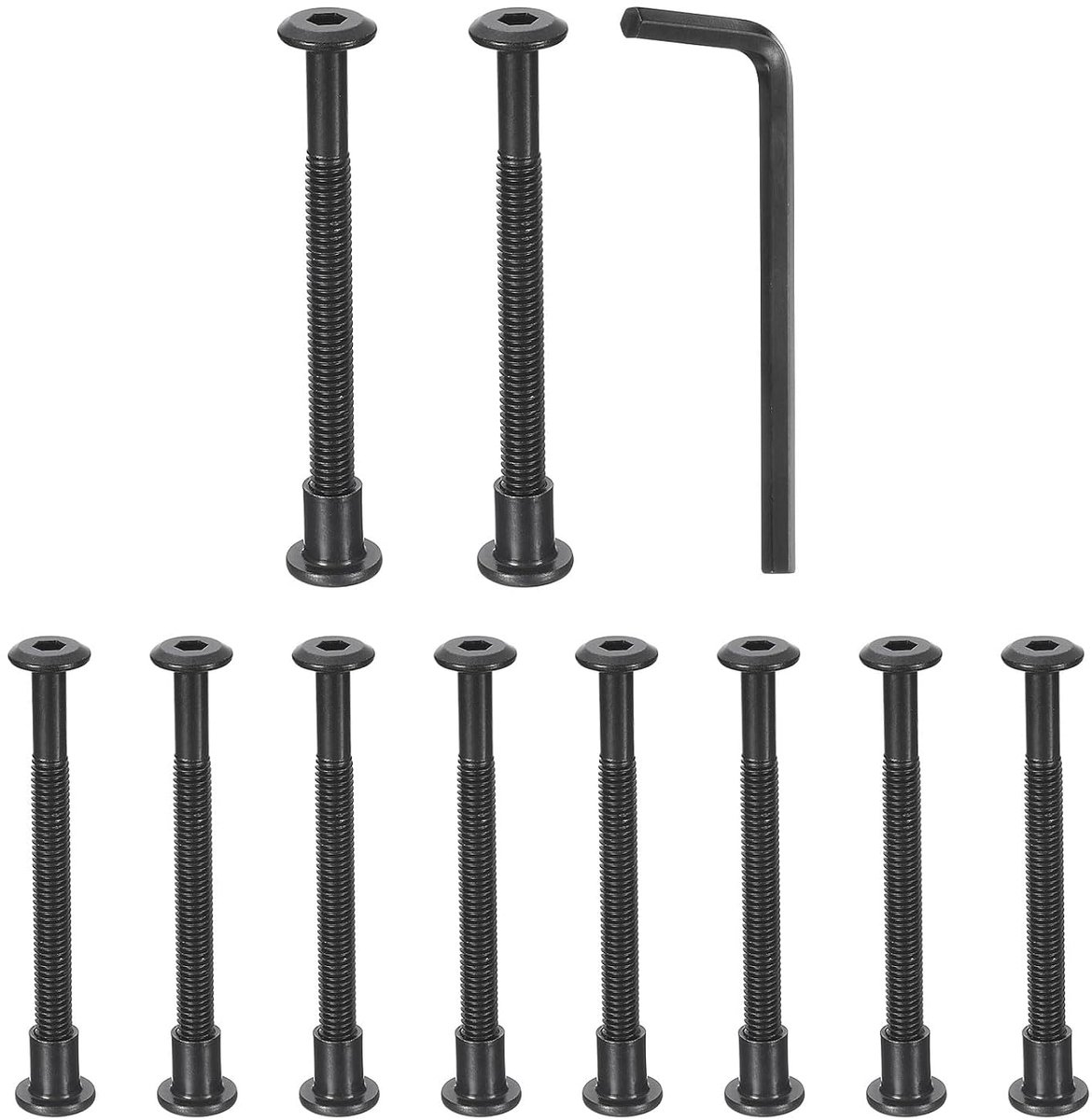 Zeskantschroeven, 10 stuks, M6 x 70 mm, met moer M6 x 12 mm en inbussleutel, bouten en verbindingsschroeven voor meubels met verzonken riem, zwart