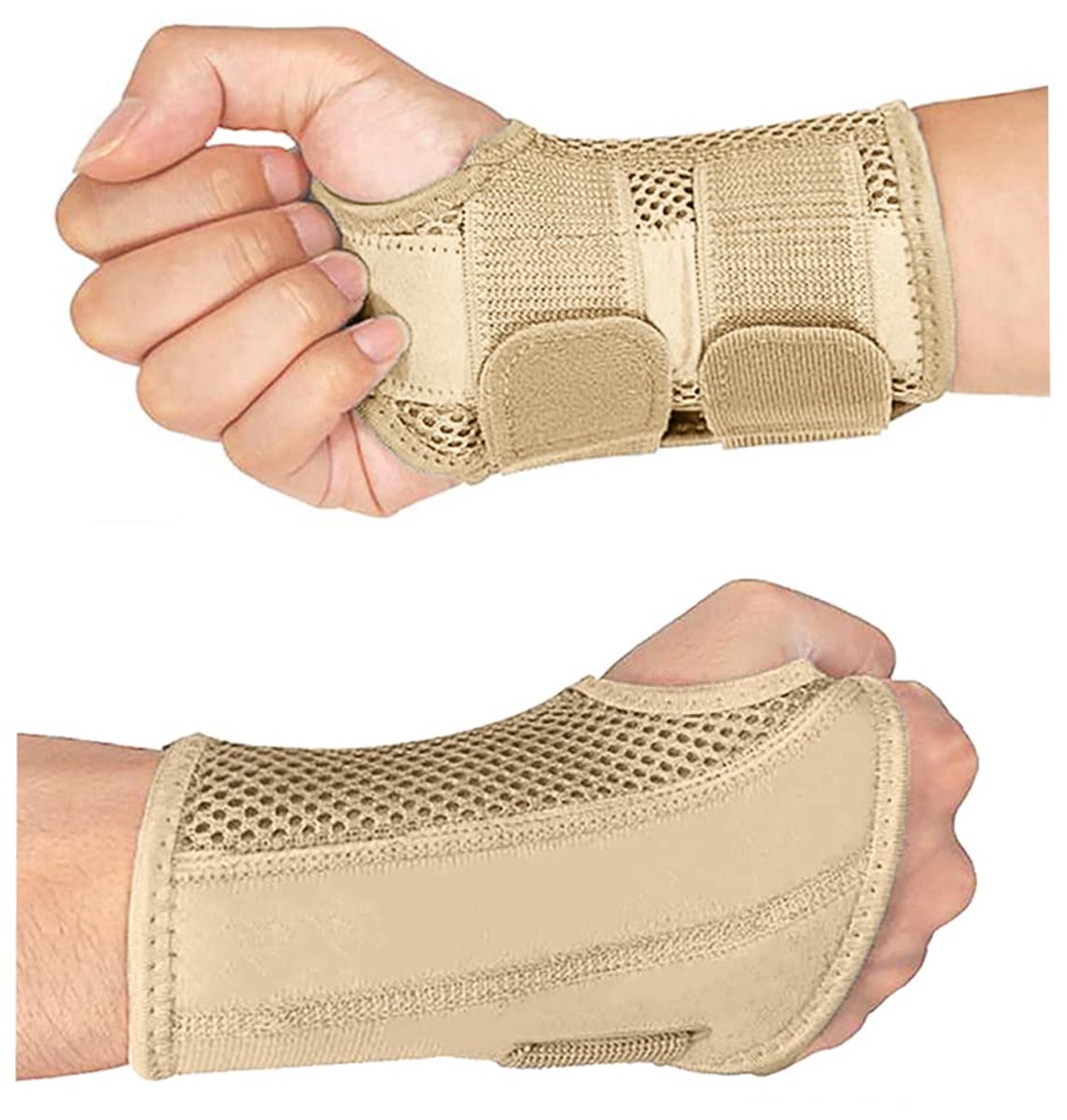 Polsbandage voor tendinitis met metalen rails, elastische, ademende verstelbare pols, polsbandages voor verstuikingen, RSI, carpaal tunnel, artritis en peesontsteking (S/M, beige-links)