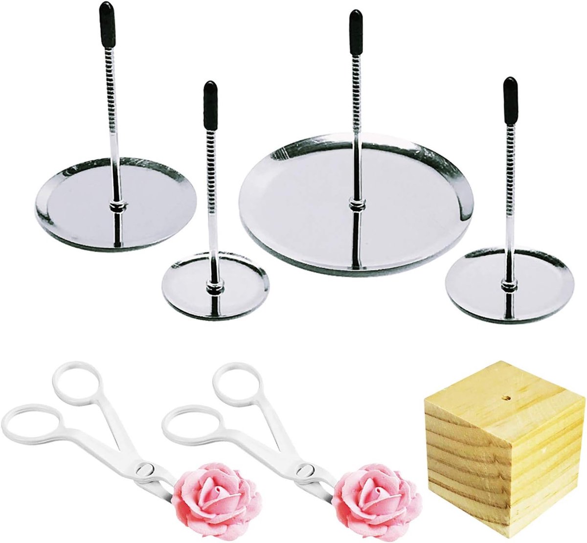 7-delige taartdecoratieset: 4 maten bloemennagels voor taart, 2 bloemenlifters, 1 houten standaard