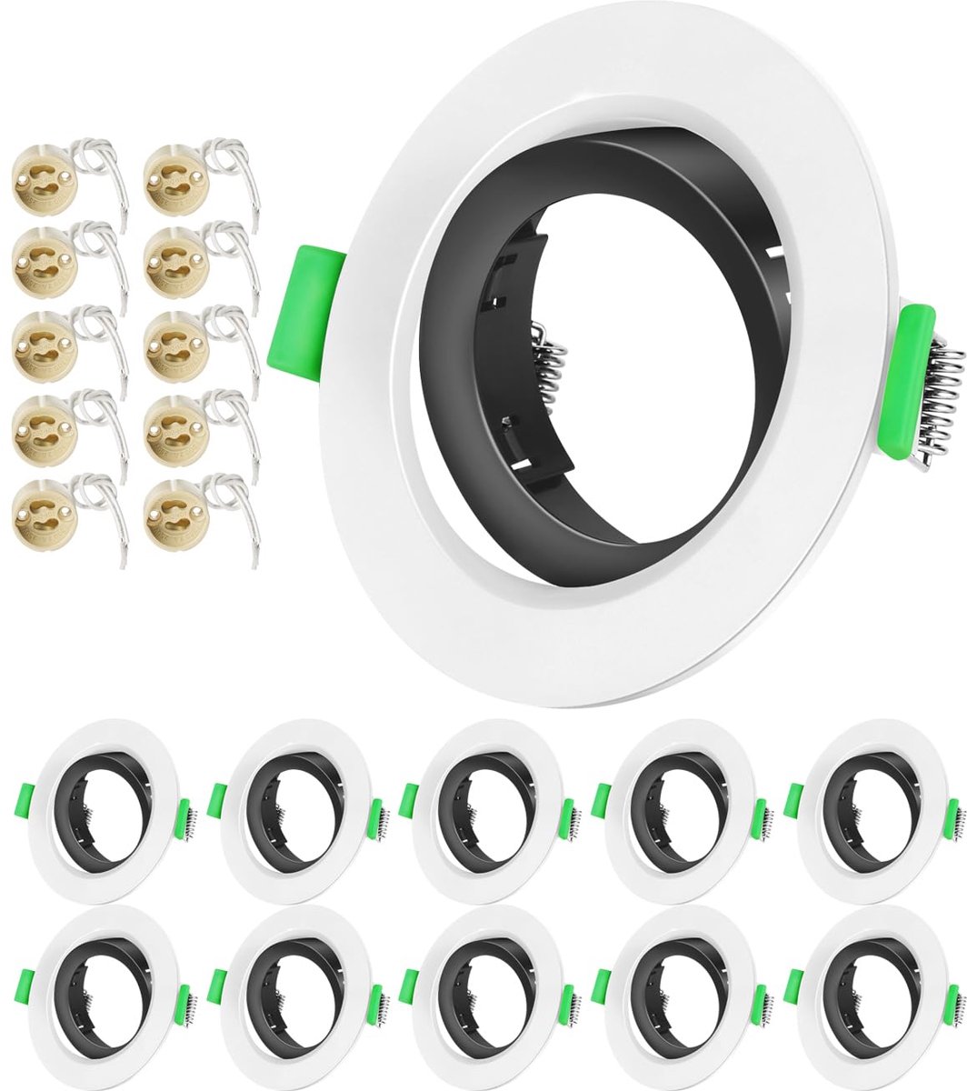 - Inbouwspot GU10 Pak van 10 Montageframe Wit Exterieur Zwart Interieur met Keramische Fitting Diameter 75 mm 35° Draaibaar voor LED-lampen