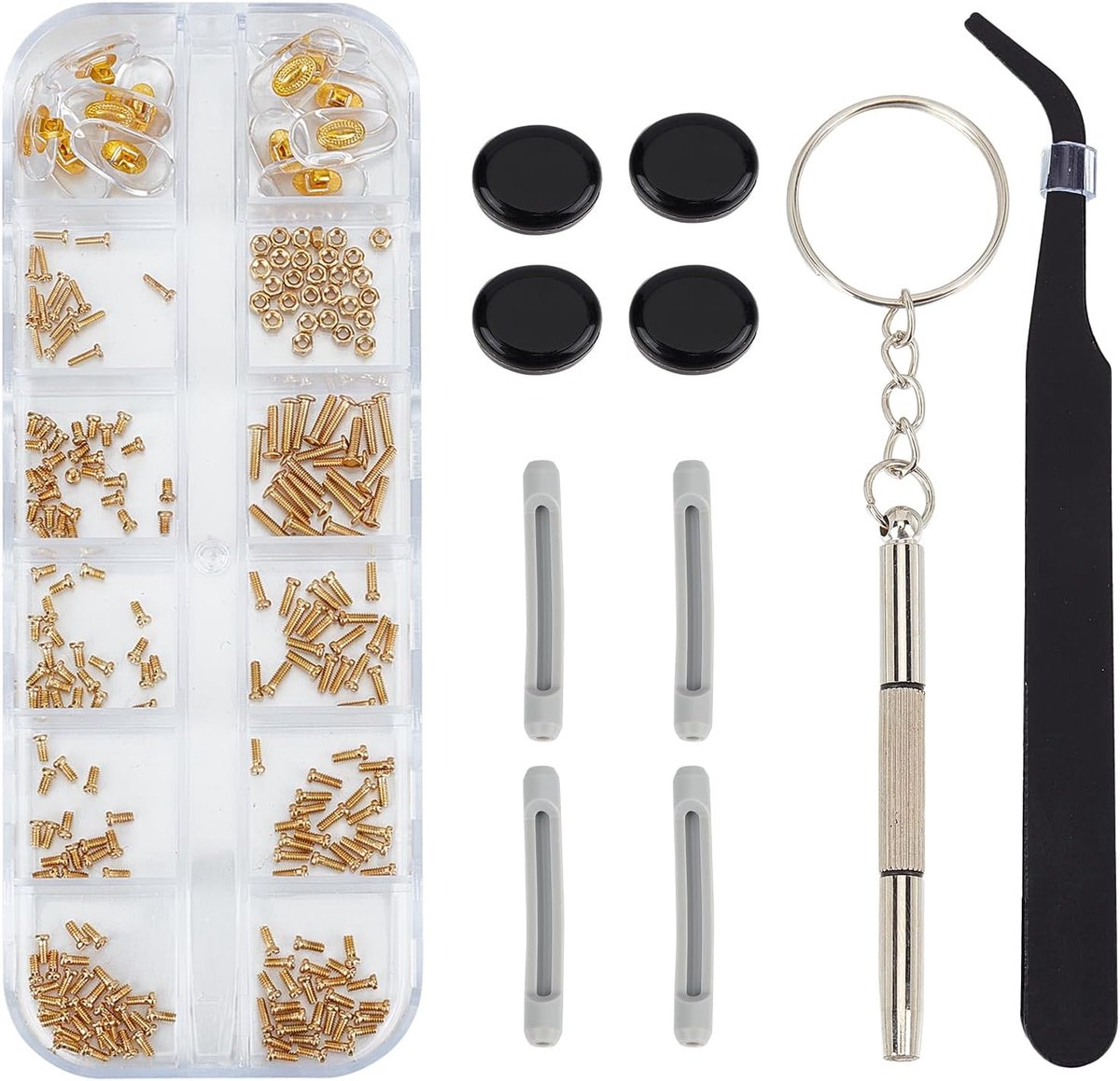 Gouden Oogglas Reparatie Kit, Zonnebril Reparatie Schroevendraaier Set met Compacte Schroef Doos Inclusief Neus Pads Schroeven Schroeven Pincet Lenzenvloeistof Oorgrepen voor Brillen