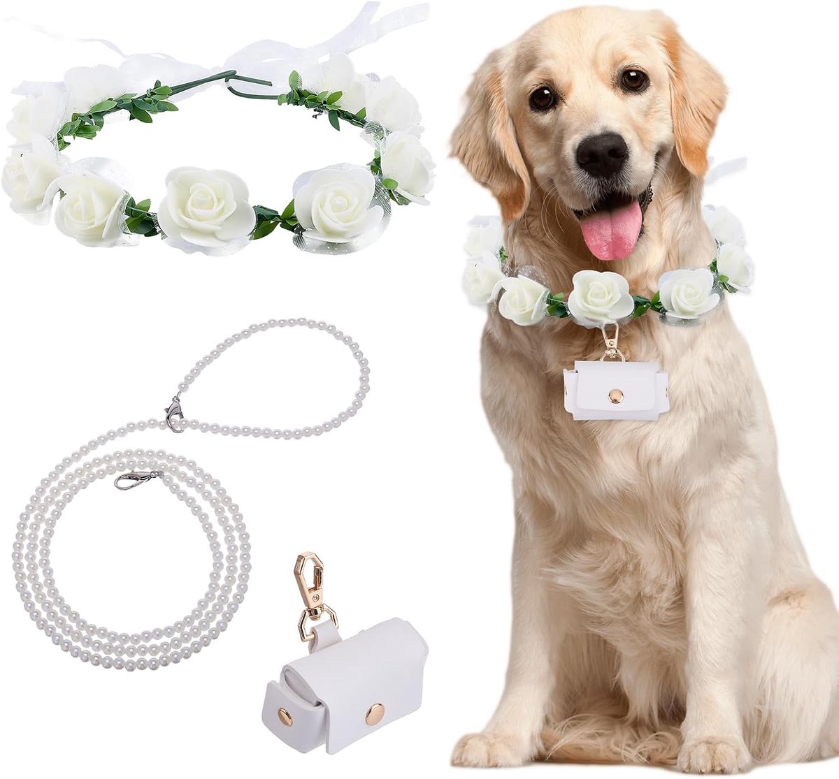 3 stuks halsband voor bruiloft, hondenset met bloemen, parels, hondenriem met parels, ringhouder, verstelbare vlinderdas voor de hals van de hond