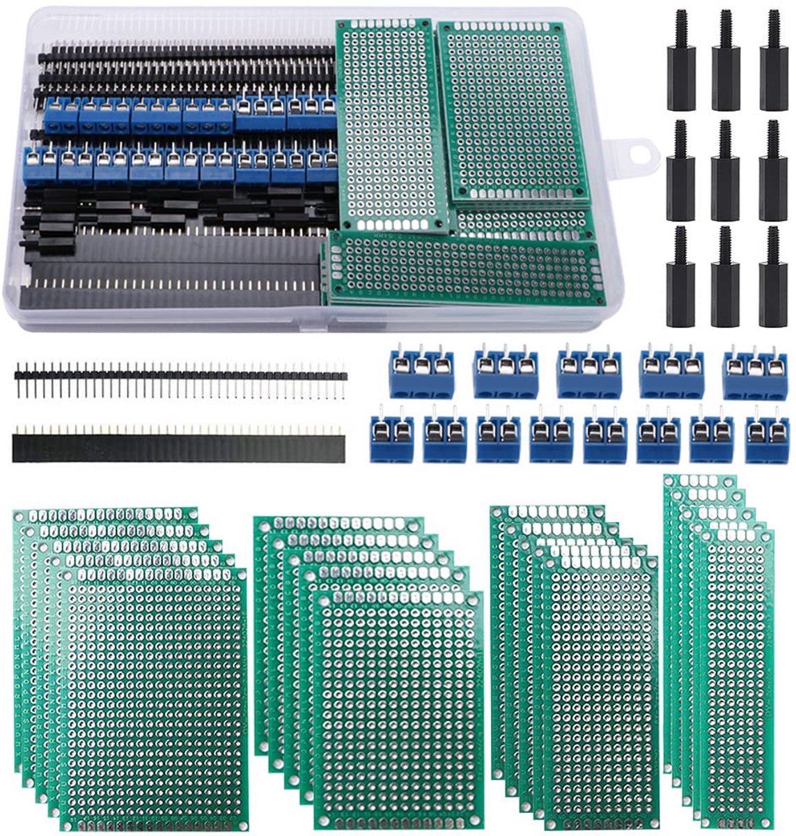 75 Stuks Printplaat Sets, 20 Stuks Dubbelzijdige Printplaat Prototype Printplaat, 20 Stuks Mannelijke/Vrouwelijke Kopconnector, 15 Stuks 2/3Pins Schroefaansluiting, 20 Stuks Nylon Kolom