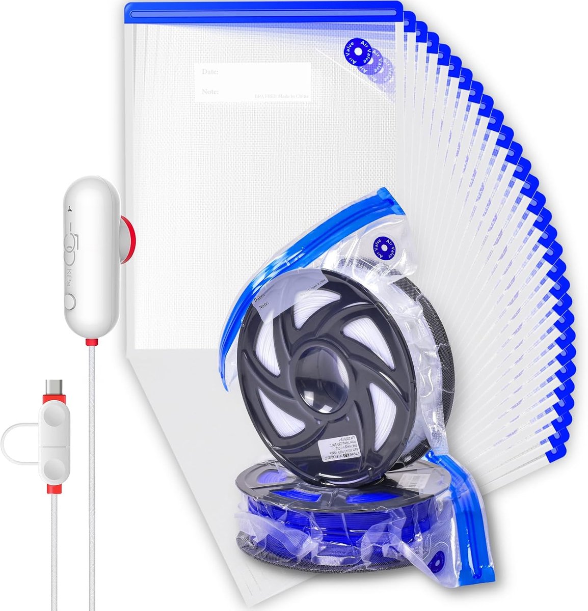 Vacuümfilamentkit (30 × 34 cm) met USB-pomp en 30 zakken, herbruikbaar, stof- en vochtbescherming, verzegelt alle filamentspoelen (PLA/ABS/TPU)