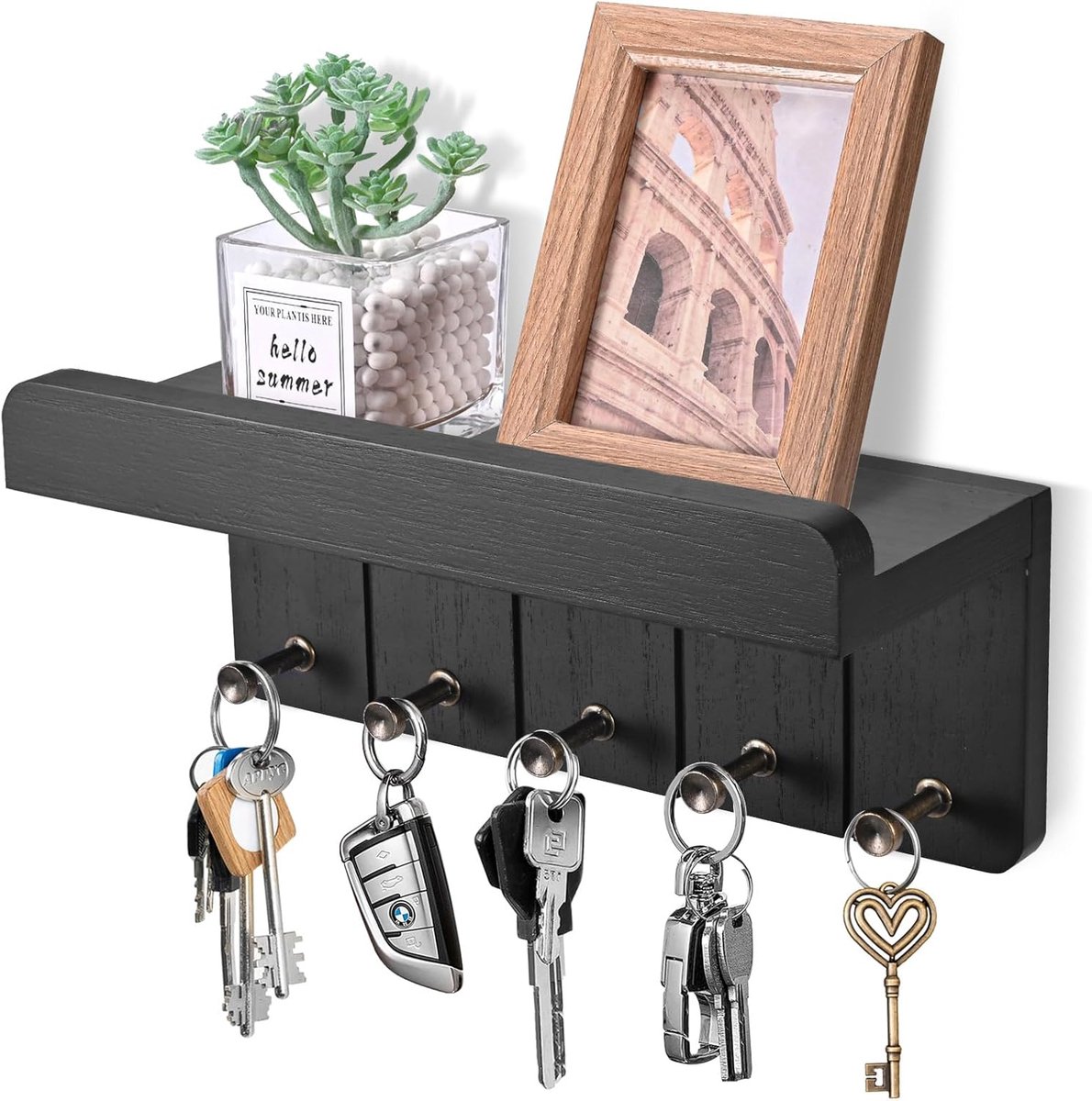 Wandsleutelhanger van Hout, Wandsleutelrek, Wandpostrek, met 5 sleutelhaken, voor Woonkamer, Badkamer, Keuken, Entrees, Gangen (Zwart)