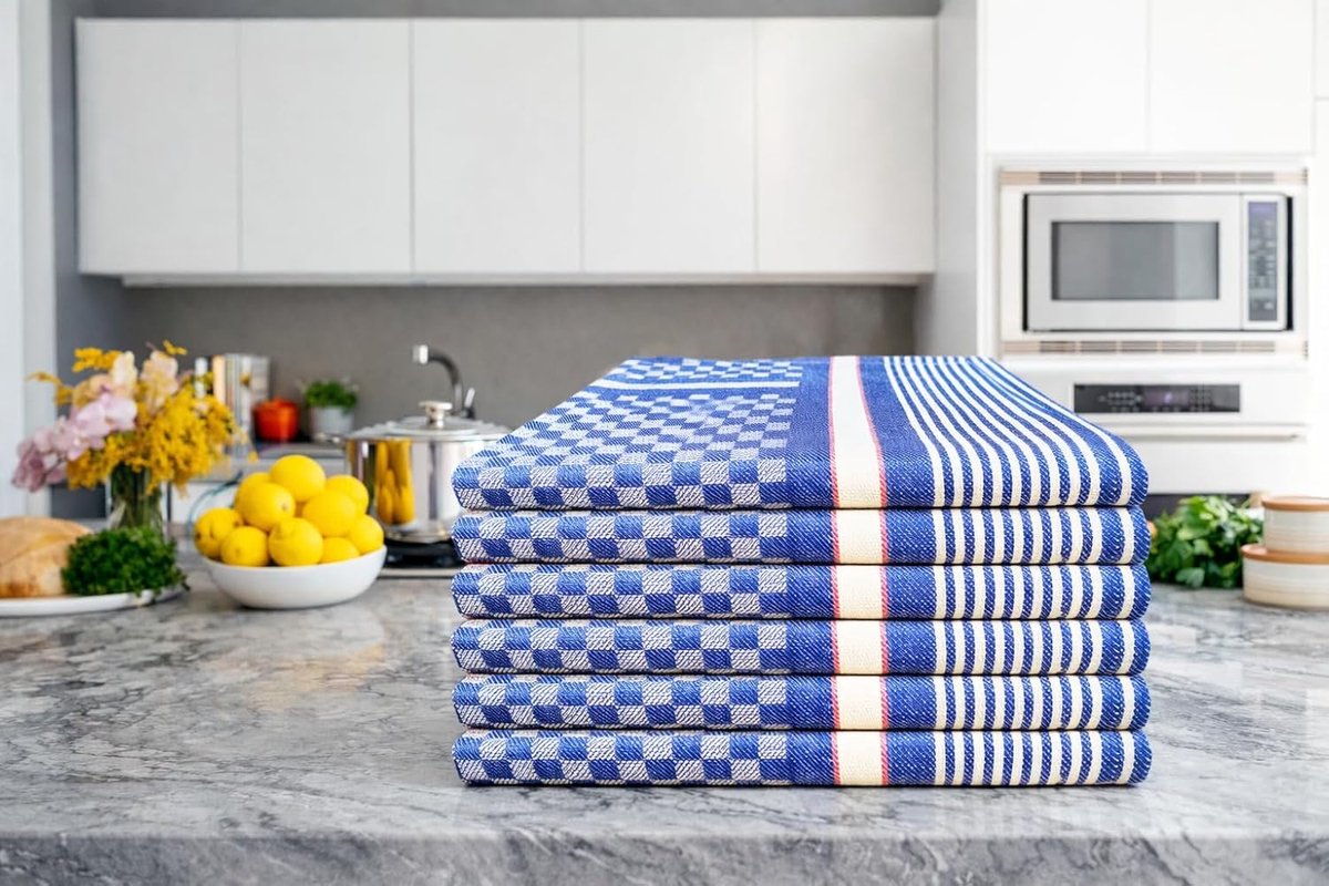 grapdoeken, volledig getwijnd, 100% katoen, 10 stuks pak, 50x100 cm, 130g, geruit wit blauw