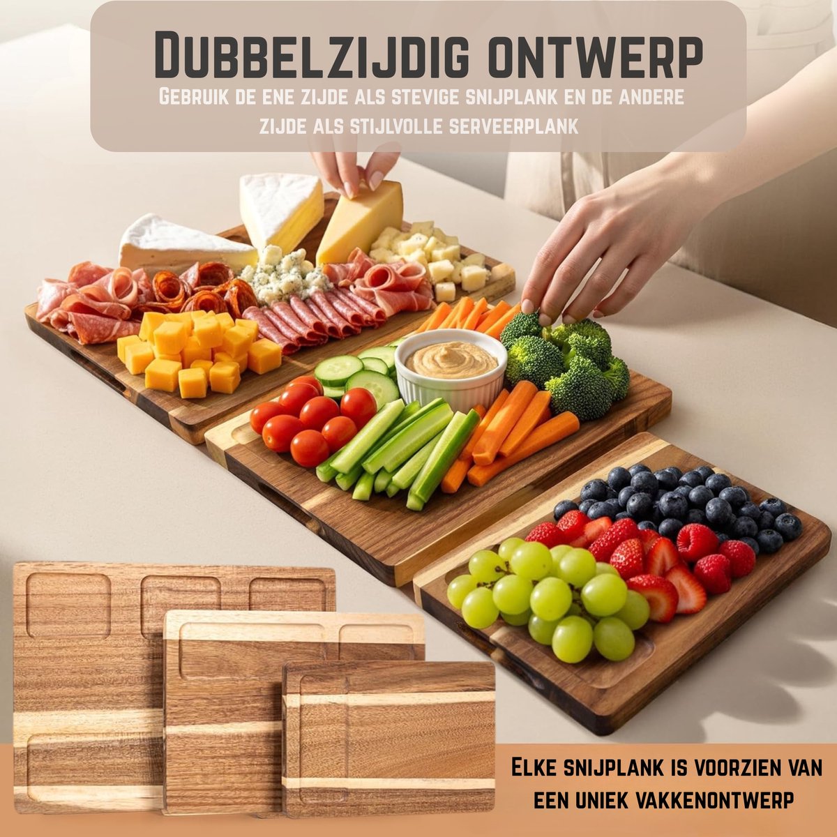WDCollection® Snijplankenset 3-delig – Acaciahout – Dubbelzijdig – Met Sapgeul – Inclusief Houten Houder – Borrelplanken - Tapasplank - Houten Snijplank - (40x30 | 33x24 | 26x18 cm) — cadeau in Kookcadeaus - foto 5