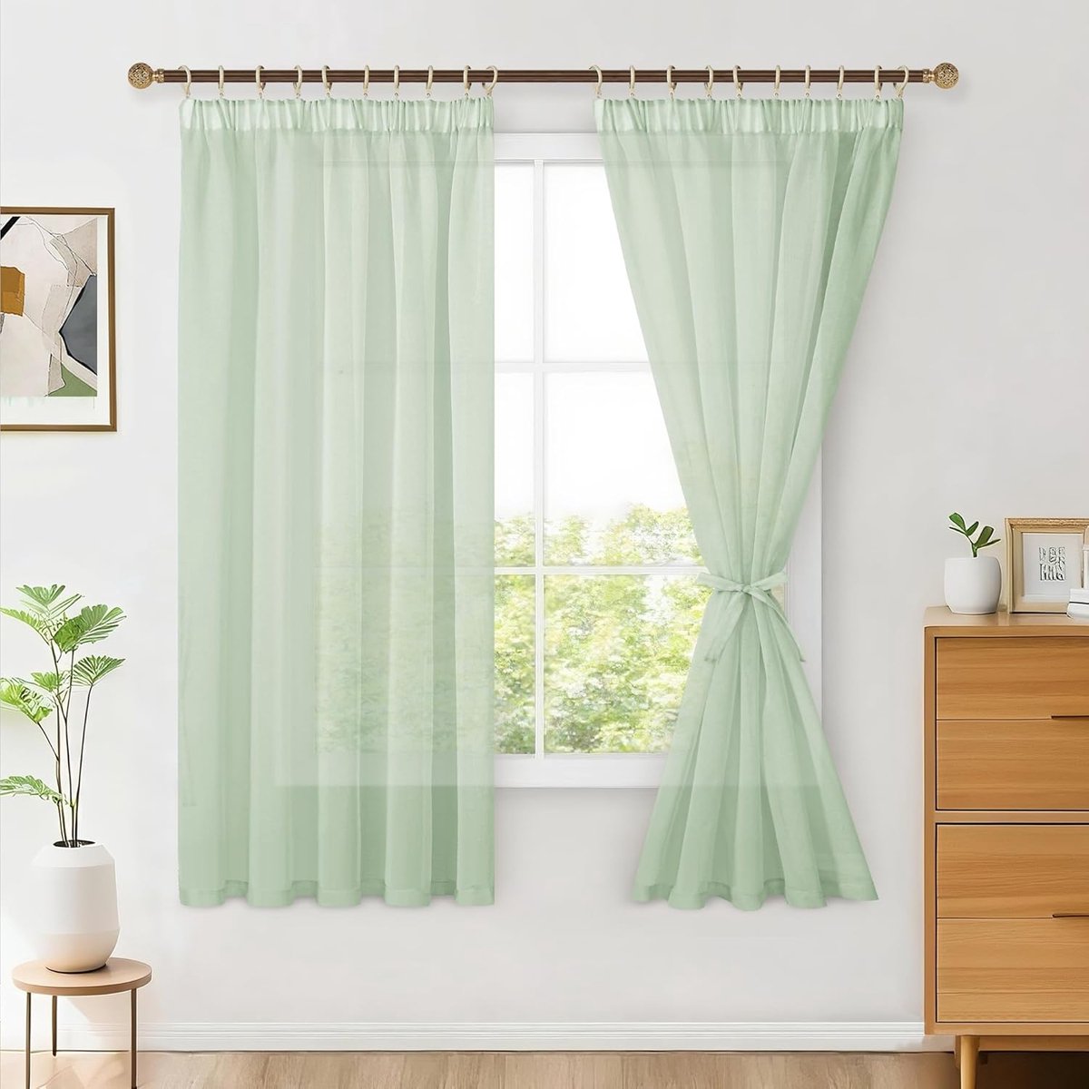 set van 2 stuks Sheer Voile gordijnen, gordyn met krukselband, transparant, voor de woonkamer, luchtig, decoratief, voor de slaapkamer, 145 x 140 cm (h x b), salie groen