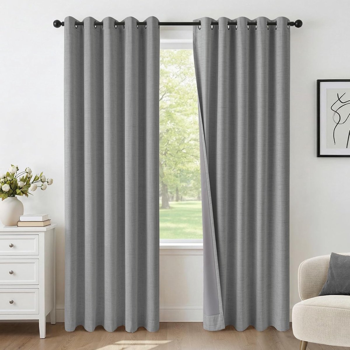 100% Verduisterende Gordijnen met Gaten 2 Stuks 140 x 245 CM, Linnenlook Gordijnen Thermisch Gordijn Koudewerende Ondoorzichtige Gordijnen, Grijs Gordijnen voor Woonkamer Slaapkamer
