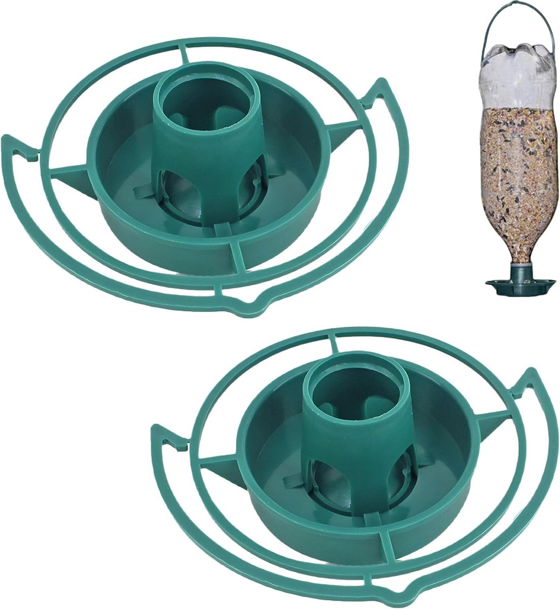 Vogelvoederstation met 2 groene kunststof voederhuisjes, vogelvoederstation voor wilde vogels, hangende vogelvoederbak, buitenvoederzuil, voederdispenser voor tuin, terras, balkon