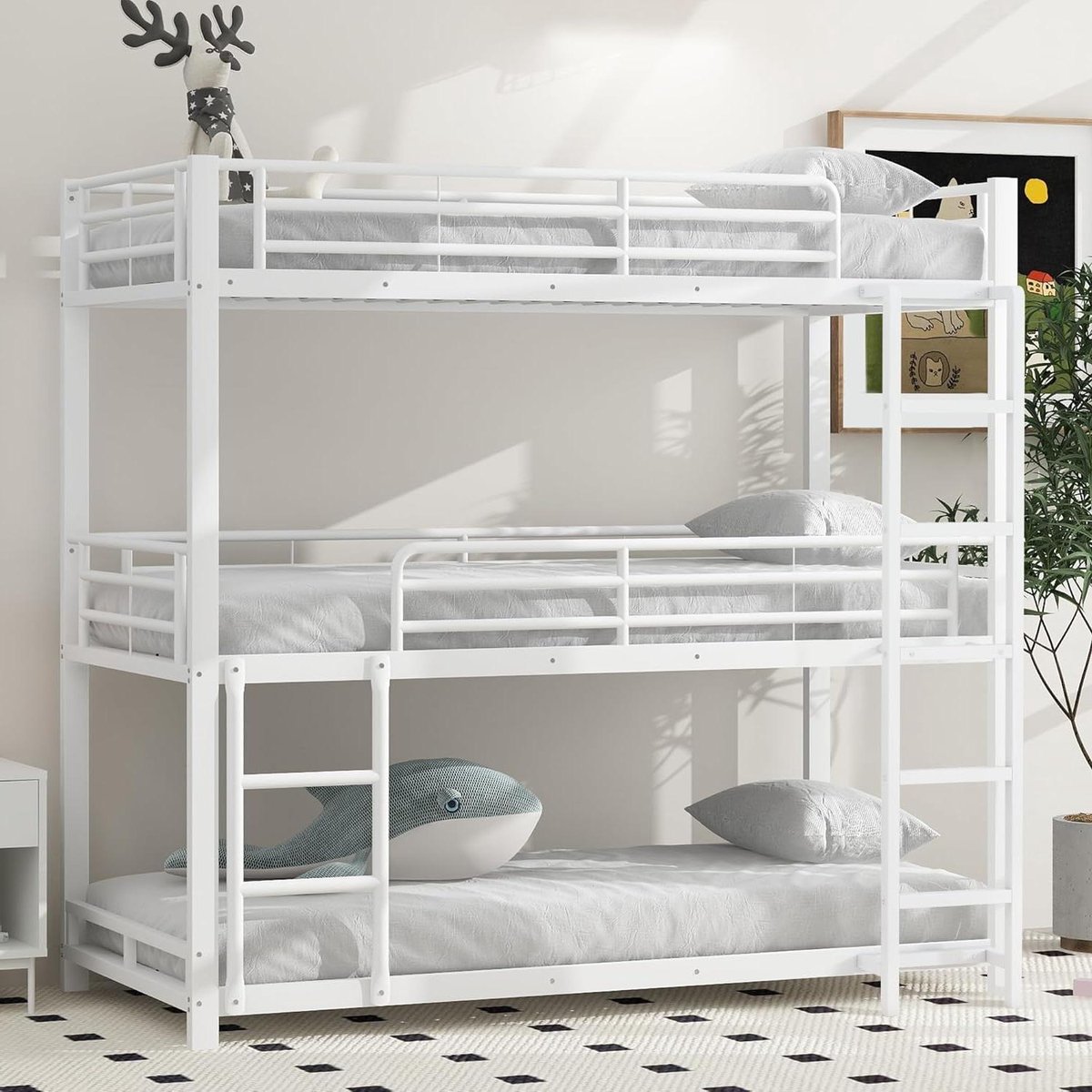 Stapelbed Frame - Driepersoons Bed - Ruimte Besparen - Stalen Constructie - 90x200cm - Wit